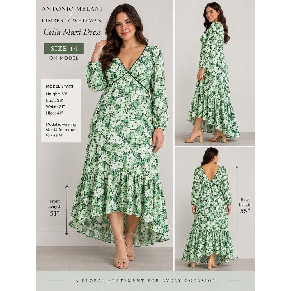 Antonio Melani x Kimberly Whitman Celia Floral Maxi Dress Green Size 14 NWT